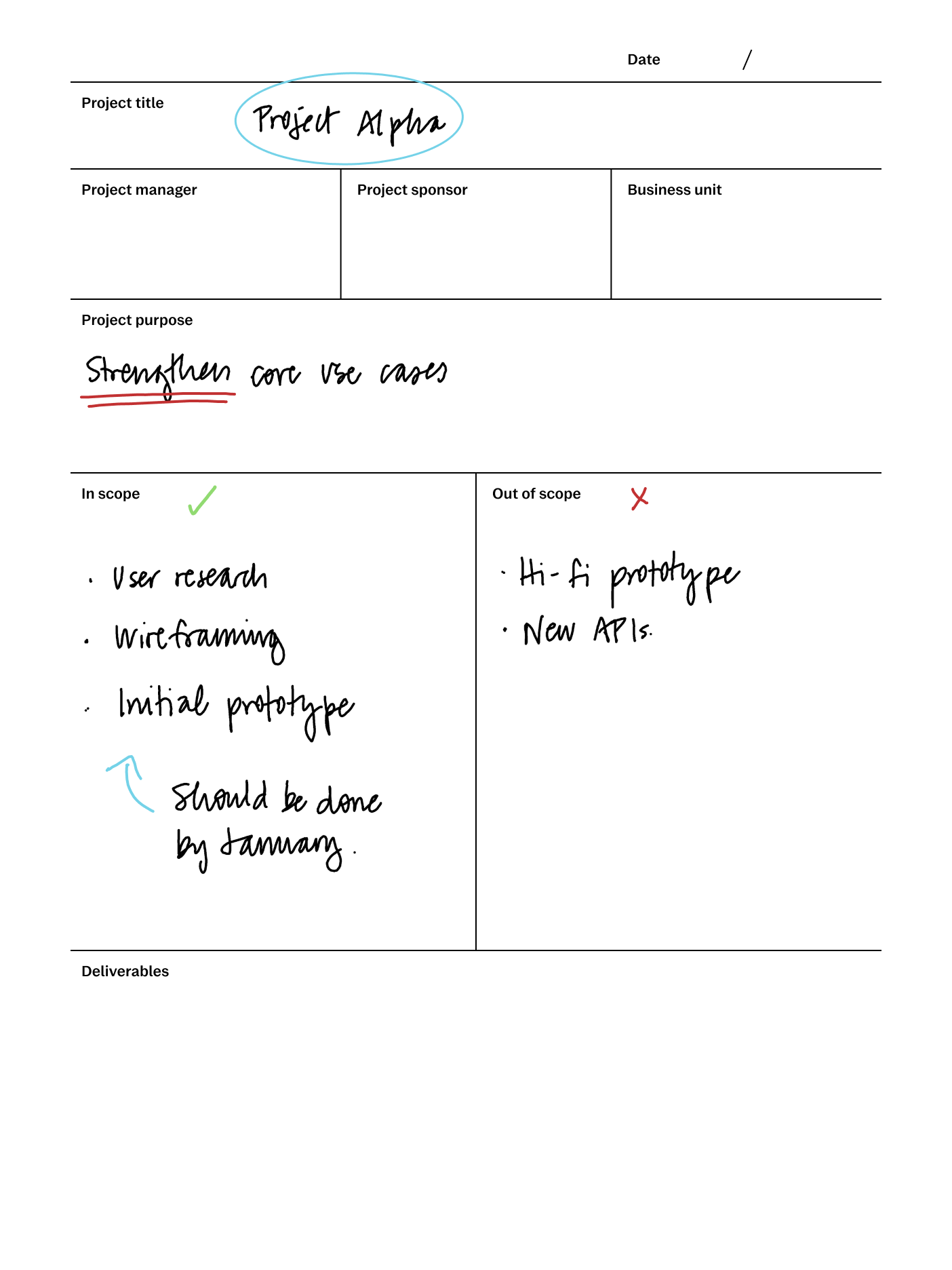 Project brief template for reMarkable tablet with filled in content