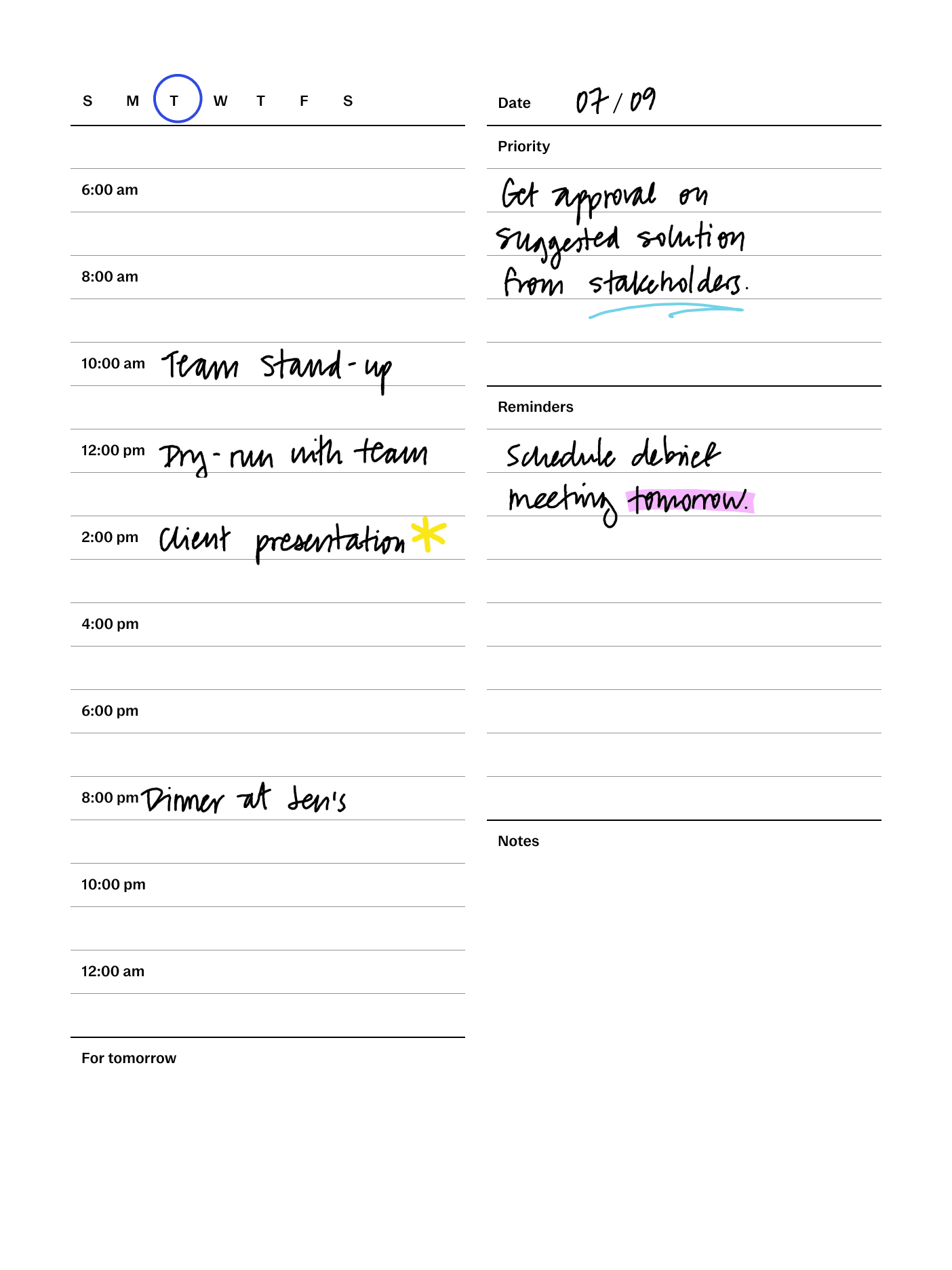 Daily planner template (US) for reMarkable tablet with filled in content