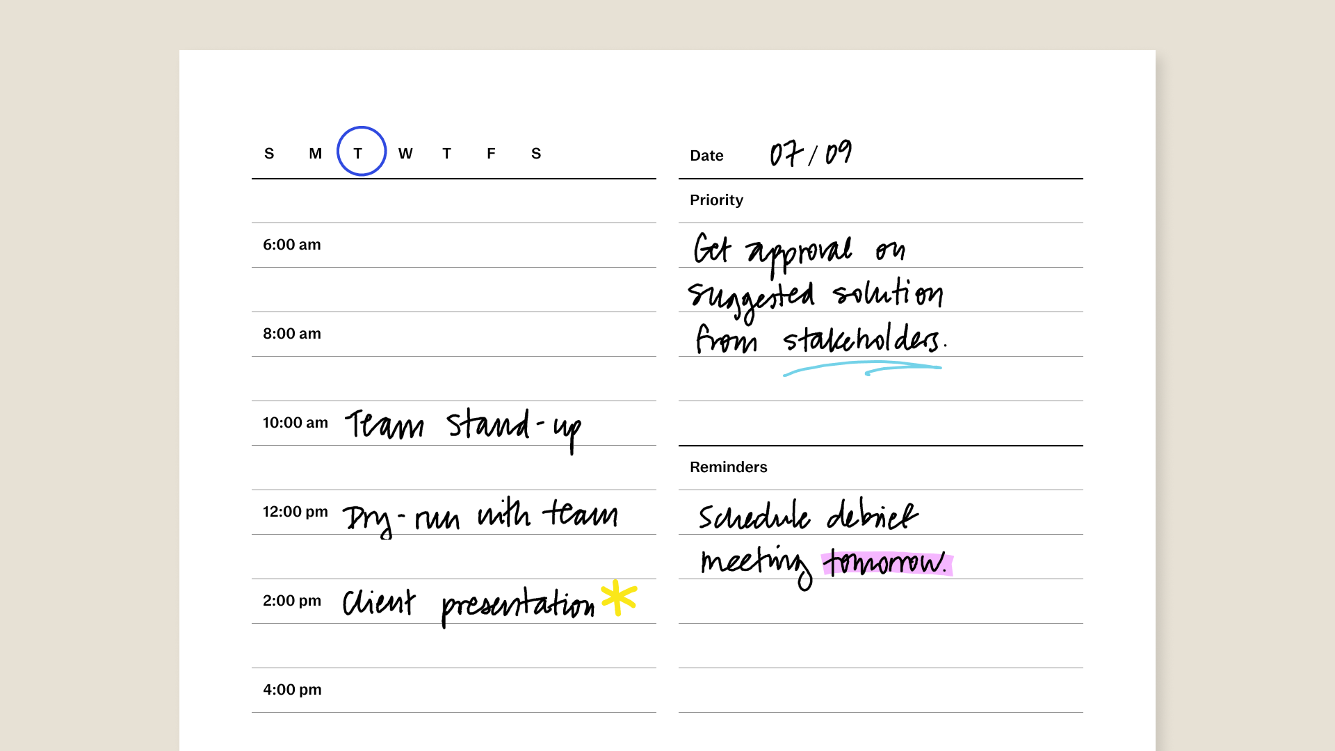Daily planner template (US) for reMarkable tablet with filled in content