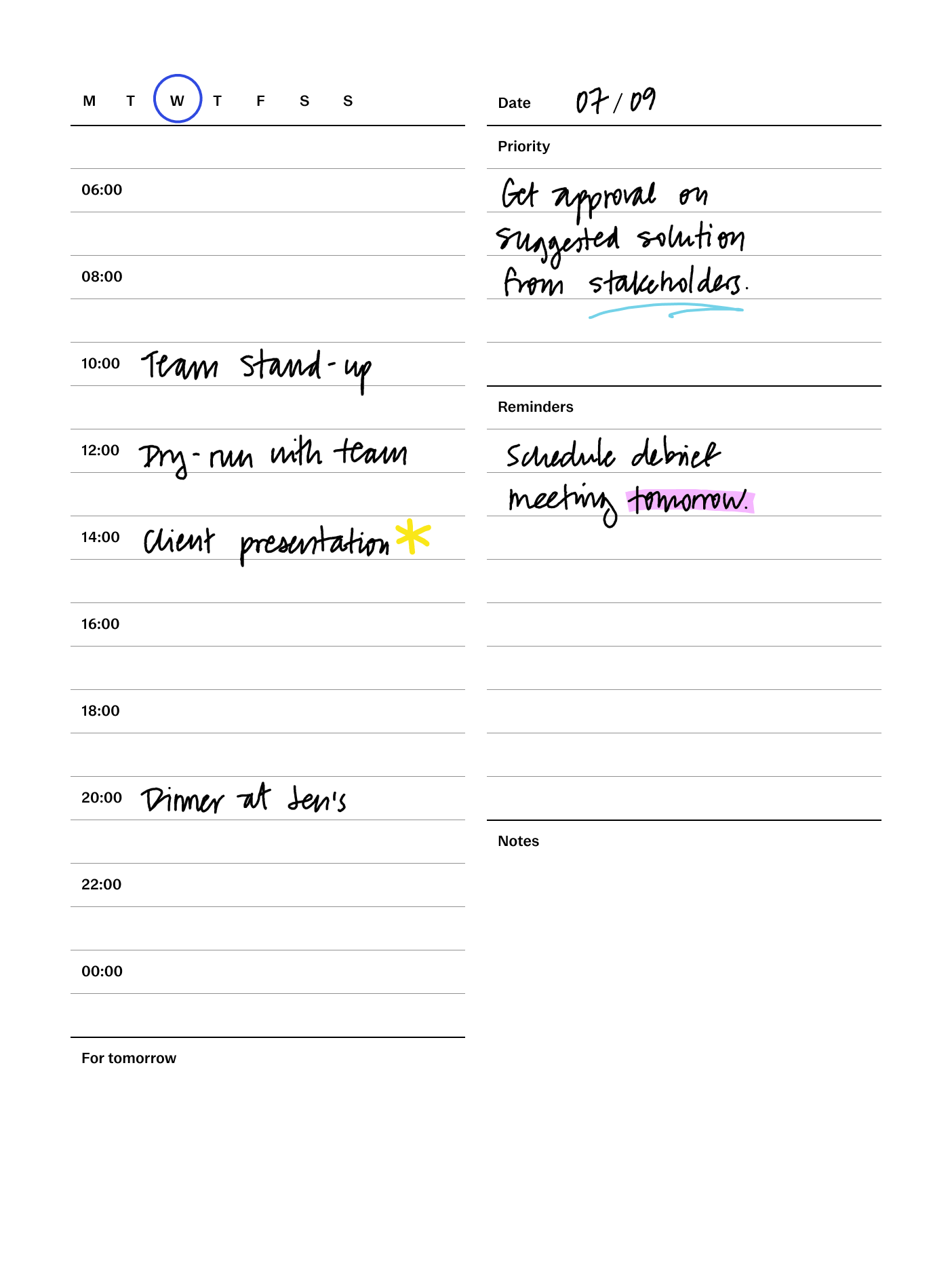 Daily planner template for reMarkable tablet with filled in content