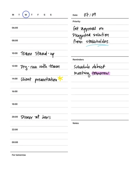 Daily planner template for reMarkable tablet with filled in content