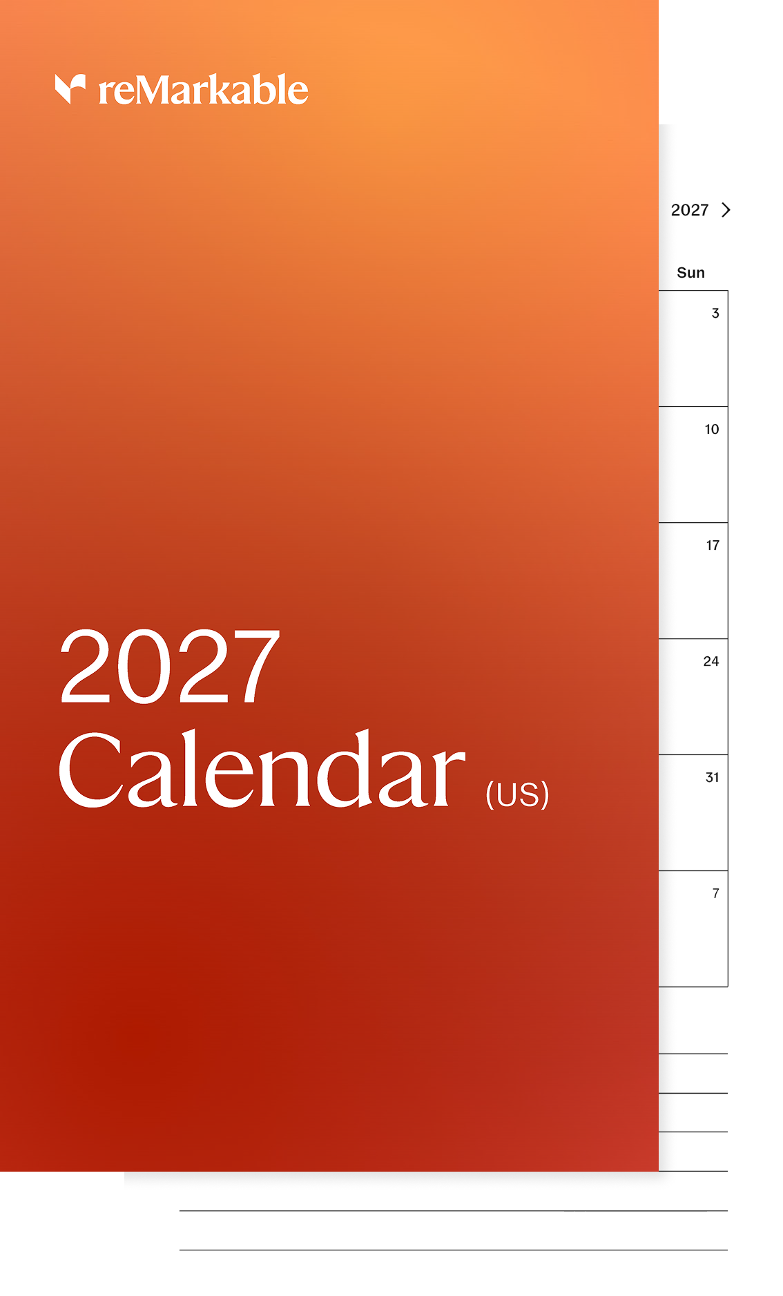 2027 Calendar (US) workbook for reMarkable Paper Pro Move