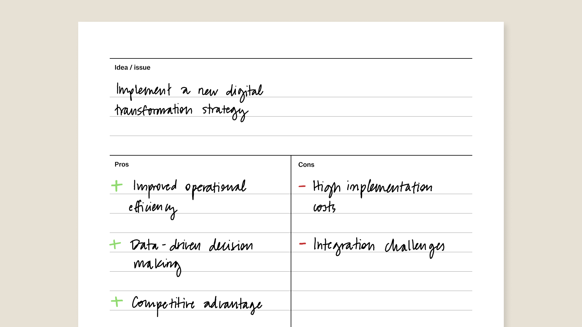 Pros/cons template with filled in content