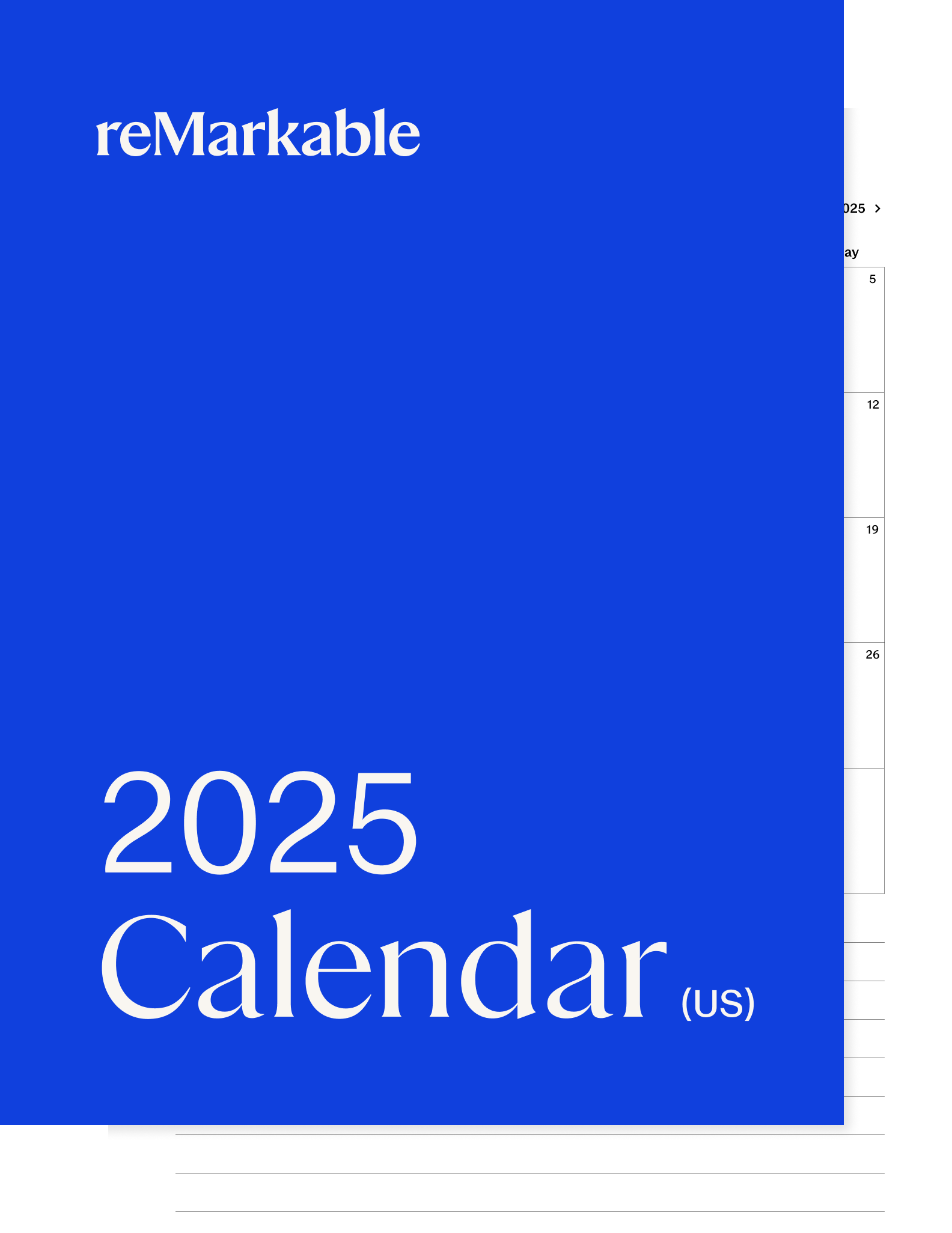 2025 calendar (US) for reMarkable tablet