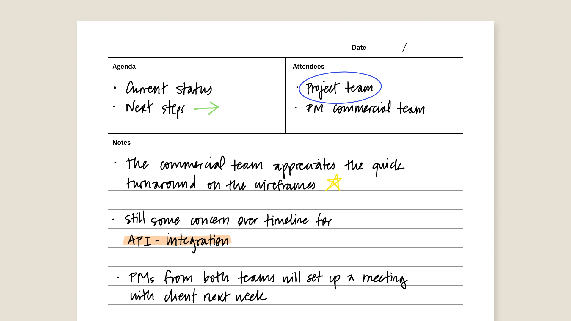 Meeting minutes template for reMarkable tablet with filled in content