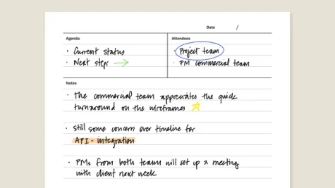 Meeting minutes template for reMarkable tablet with filled in content