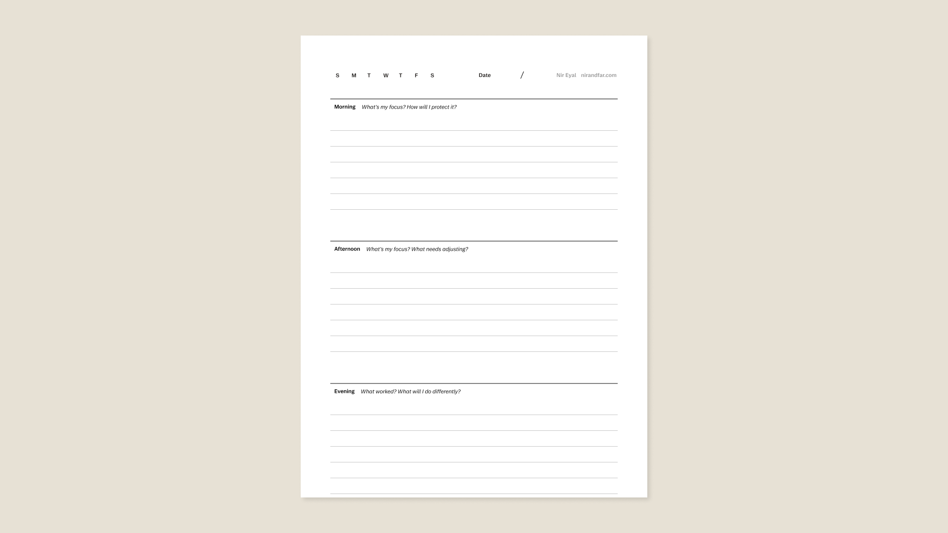 Focus tracker template from Nir Eyal for reMarkable tablet