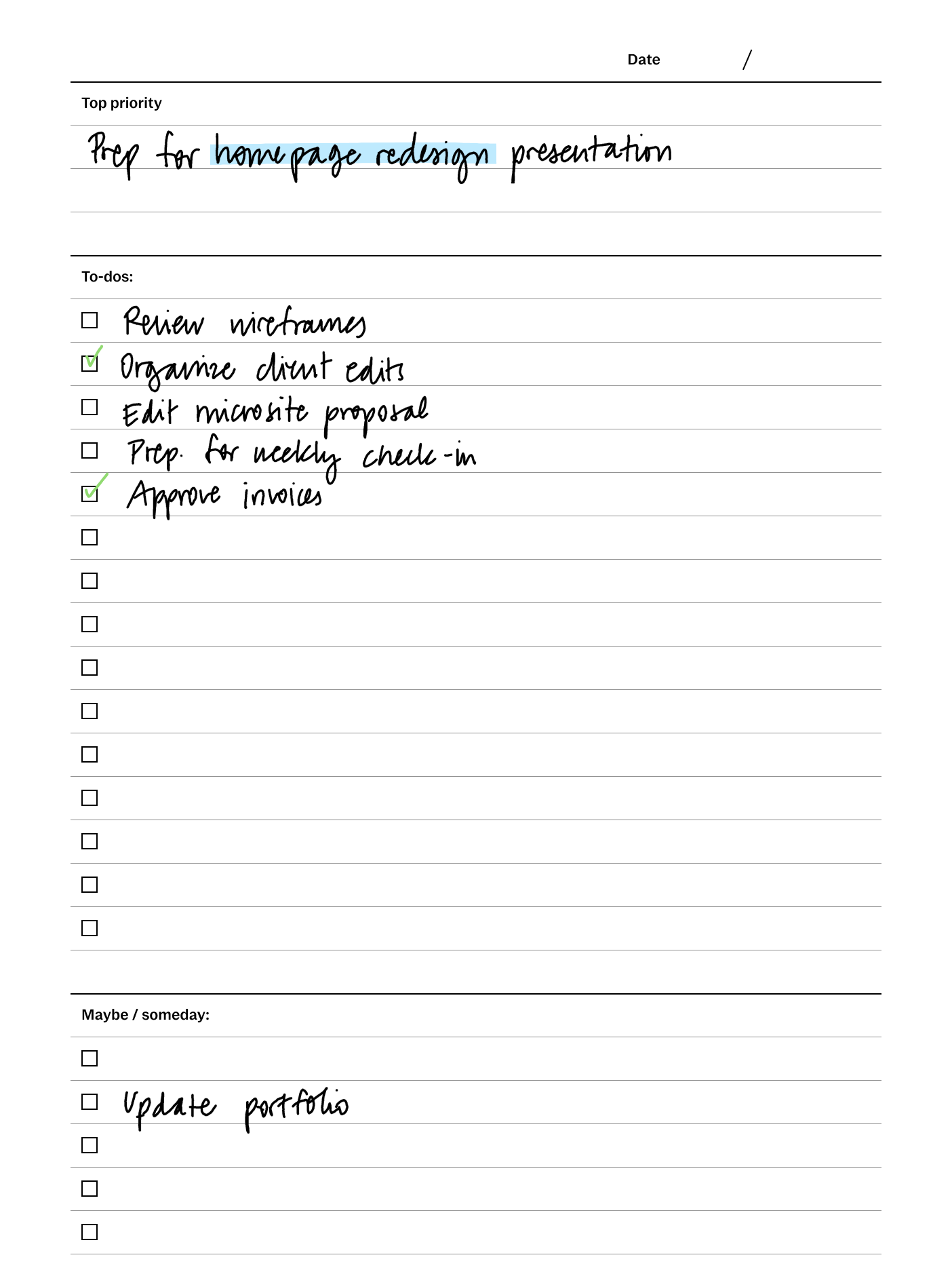 Daily to-dos template with filled in content