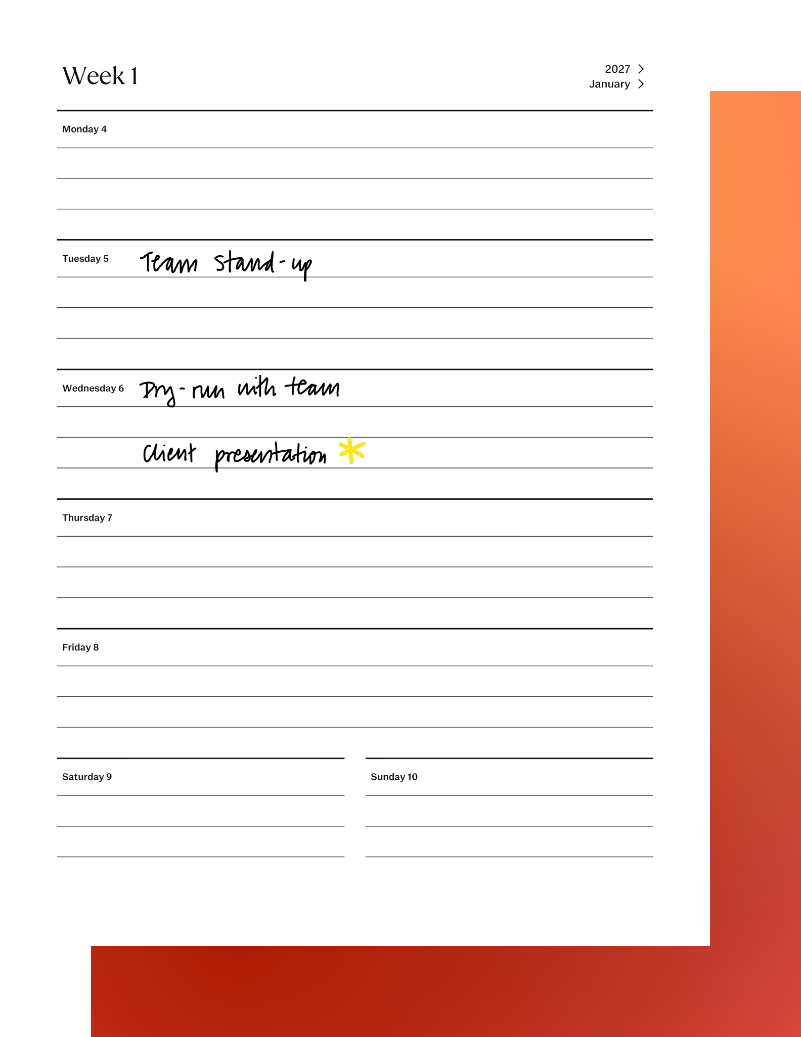2027 Calendar workbook for reMarkable Paper Tablets, with planning page for week 1 opened. 