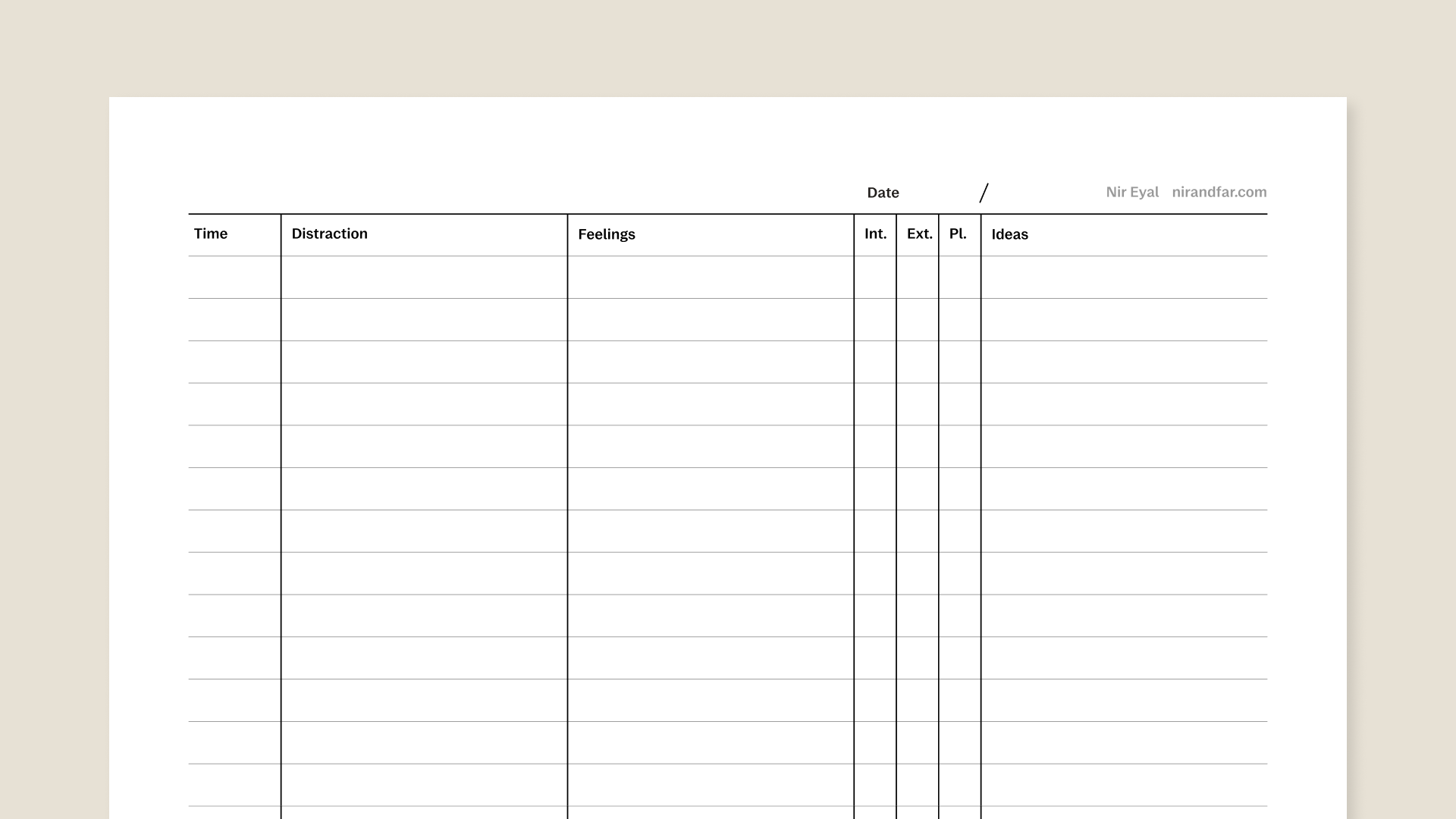 Distraction tracker template from Nir Eyal for reMarkable tablet