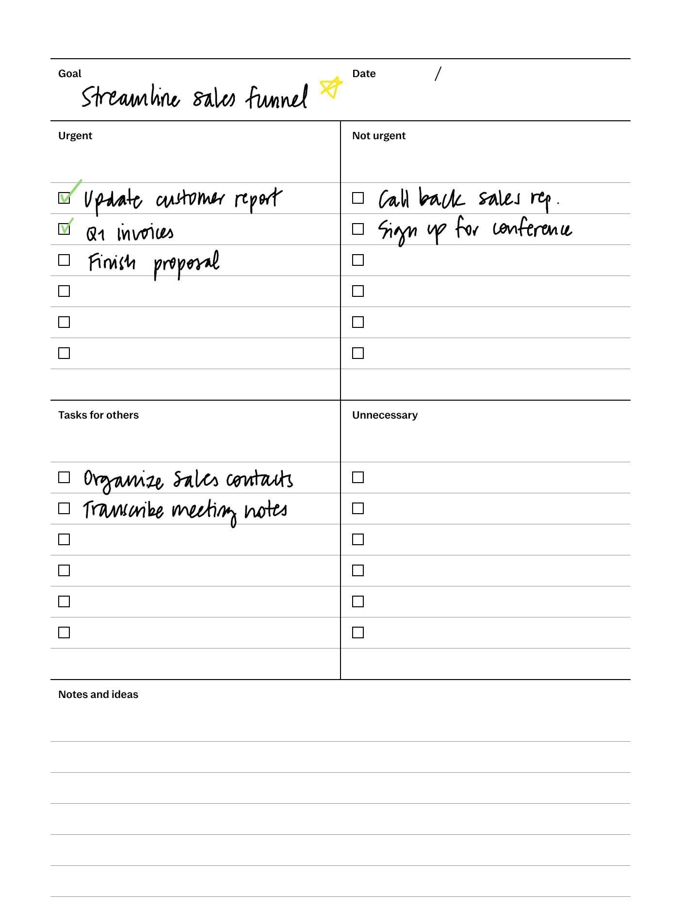 Task priority template with filled in content