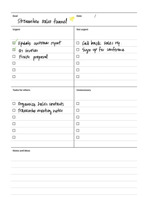 Task priority template with filled in content