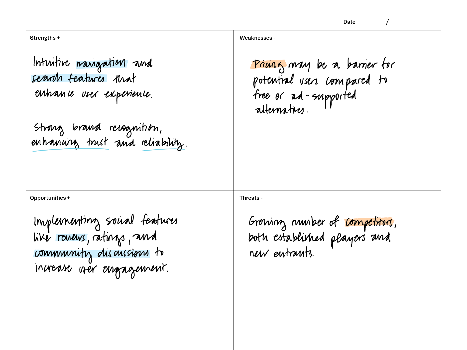 SWOT analysis template for reMarkable tablet with filled in content