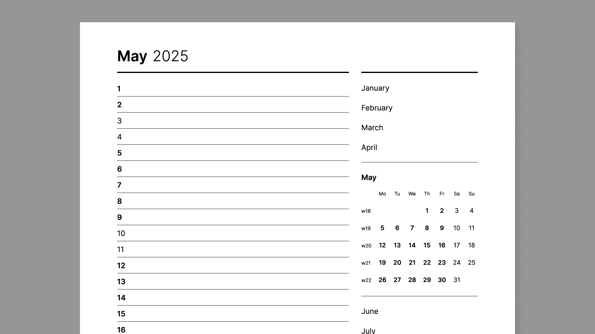 Monthly 2025 calendar from Giuseppe Farina for reMarkable tablet
