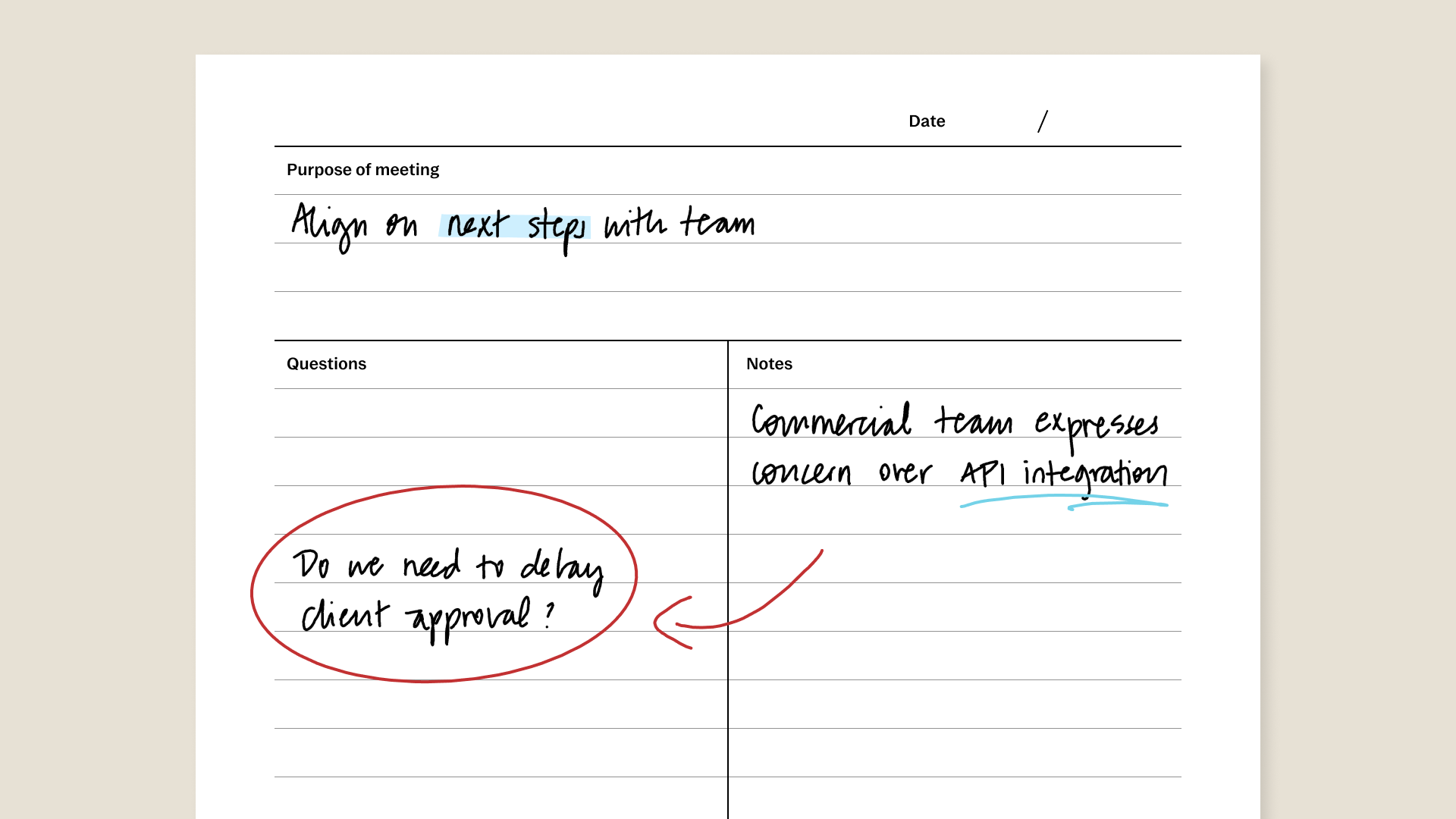 Quadrant method template for reMarkable tablet with filled in content