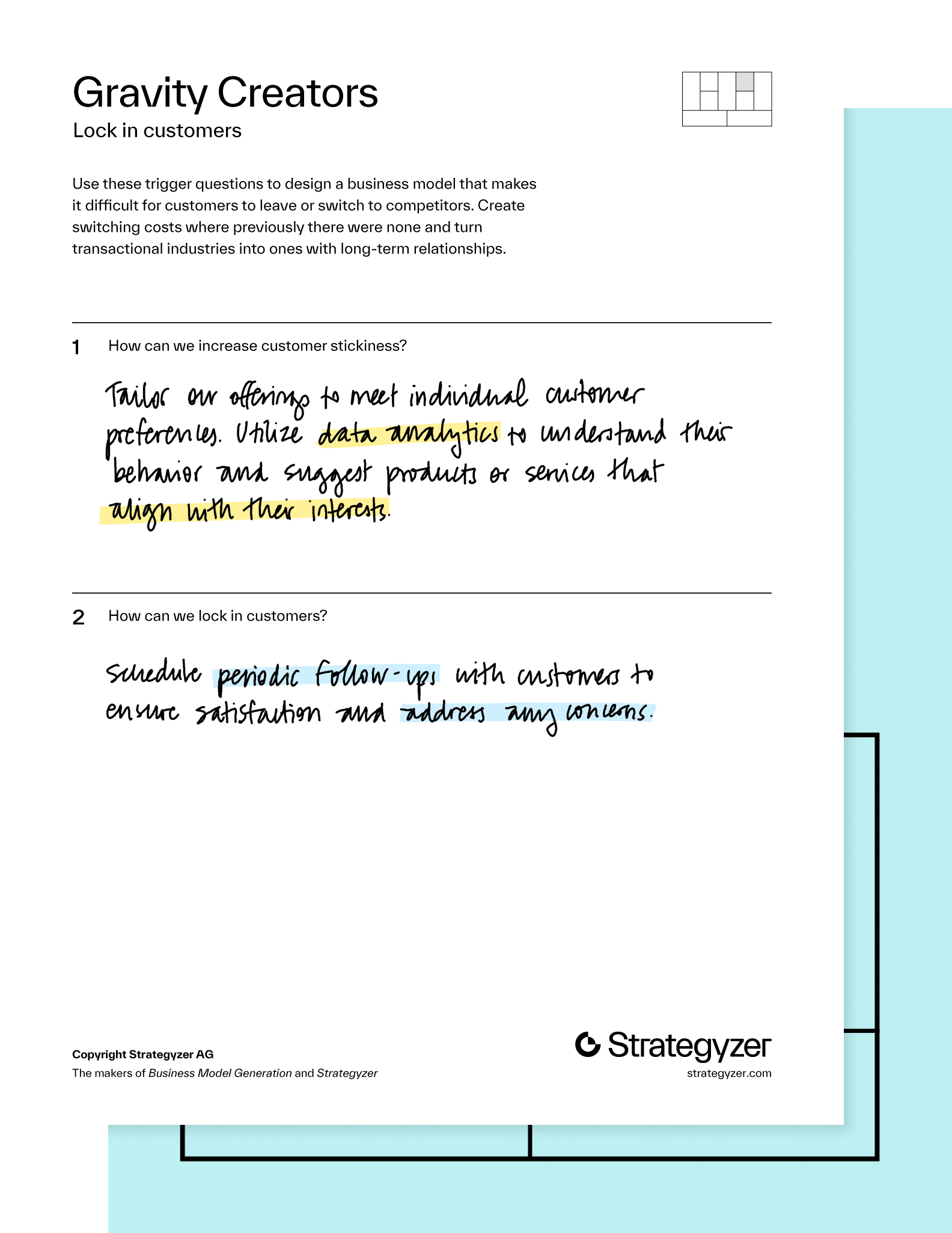 The Business Model Workbook from Strategyzer with filled in content
