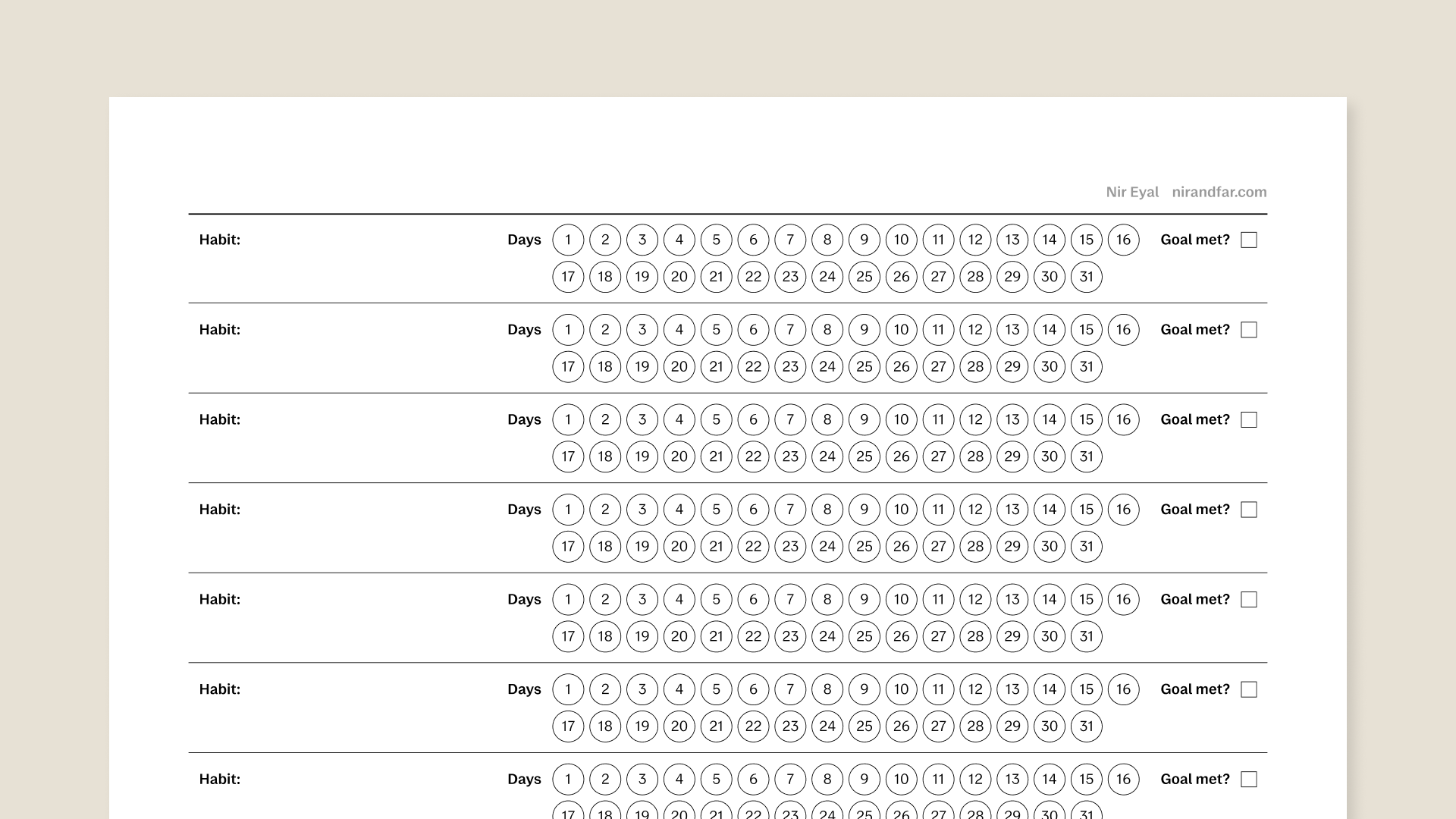 Daily habit tracker template from Nir Eyal for reMarkable tablet