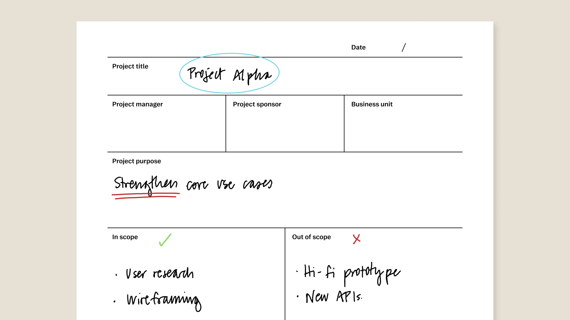 Project brief template for reMarkable tablet with filled in content