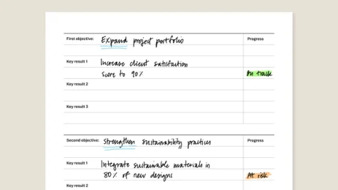 OKR layout template with filled in content