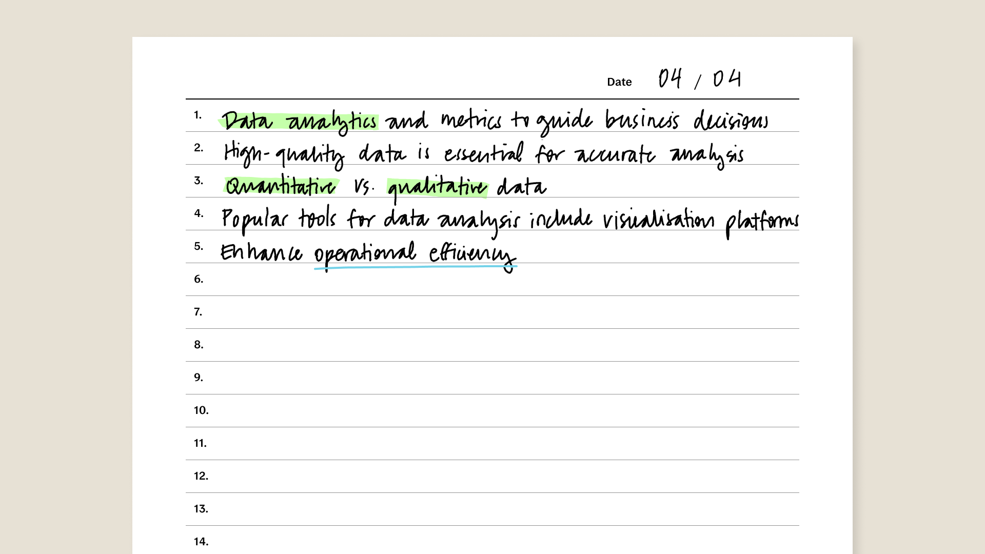 Sentence method template for reMarkable tablet with filled in content