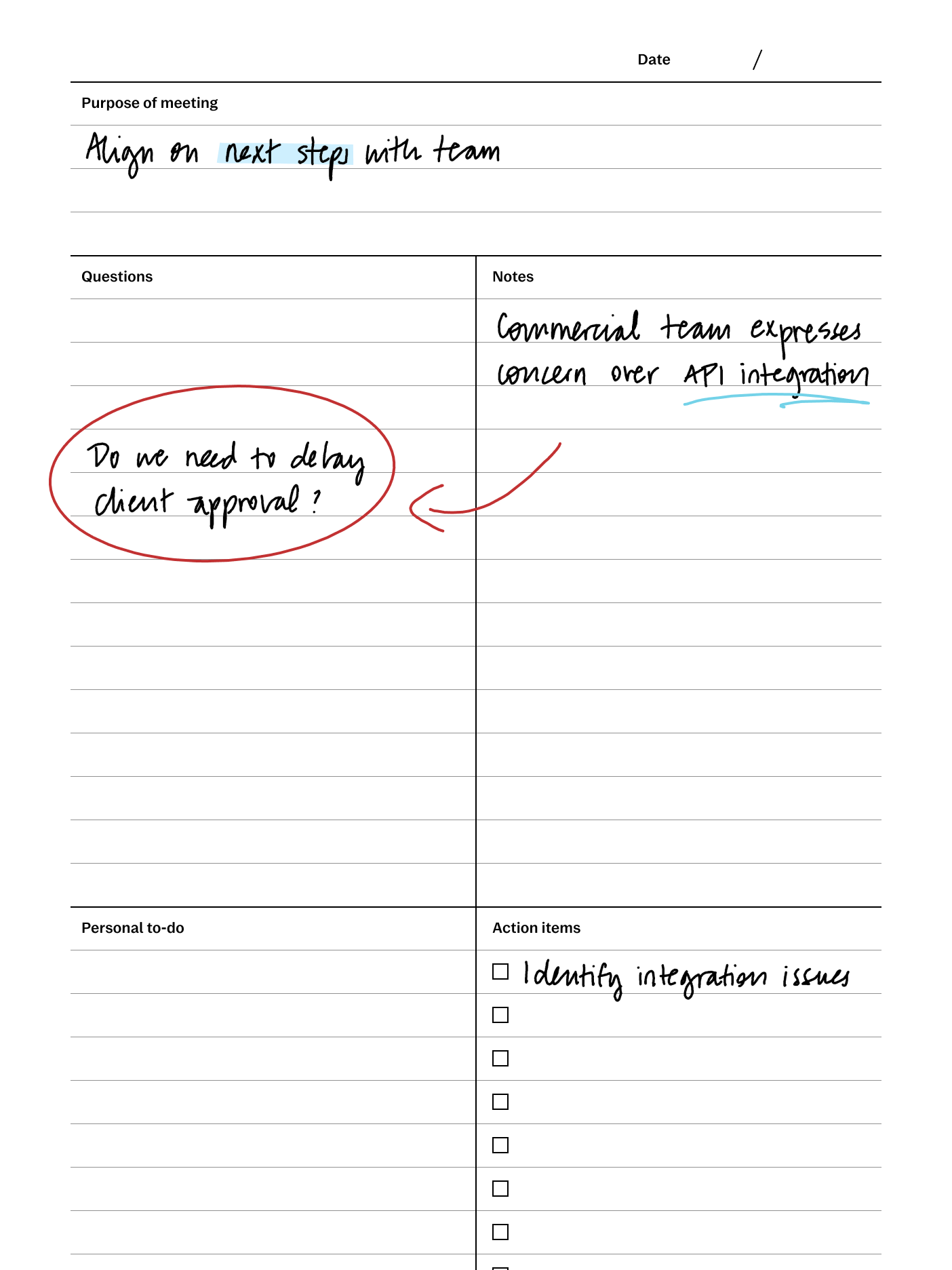 Quadrant method template for reMarkable tablet with filled in content