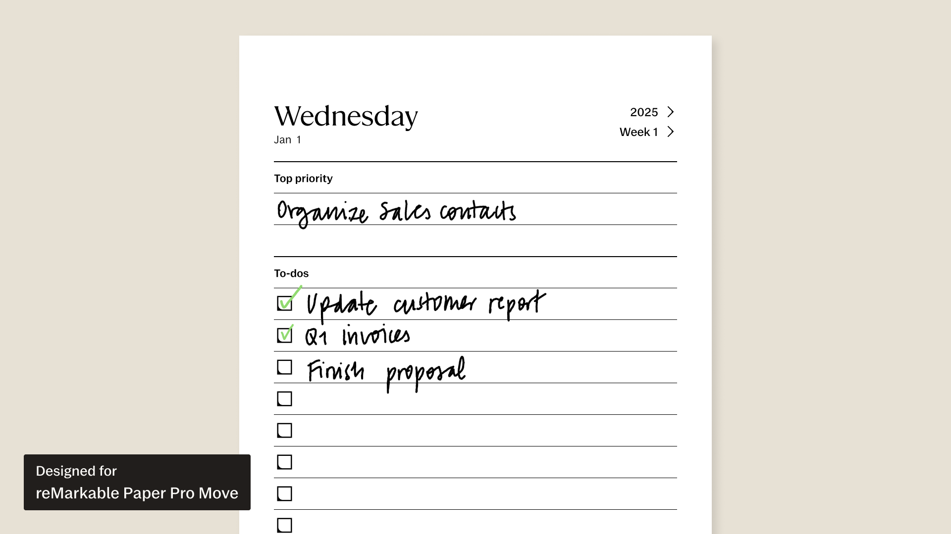 2025 To-dos workbook for reMarkable Paper Pro Move