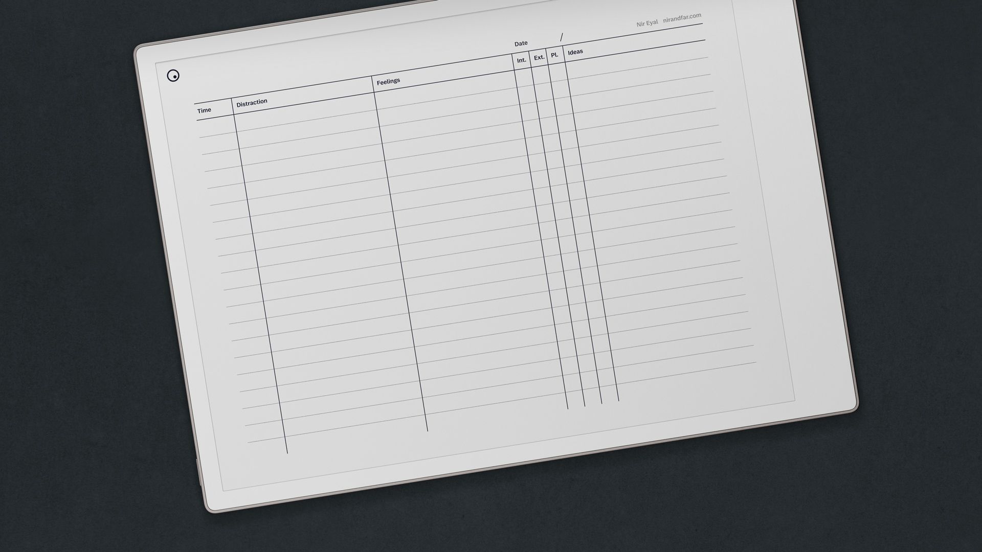 Distraction tracker template from Nir Eyal for reMarkable tablet