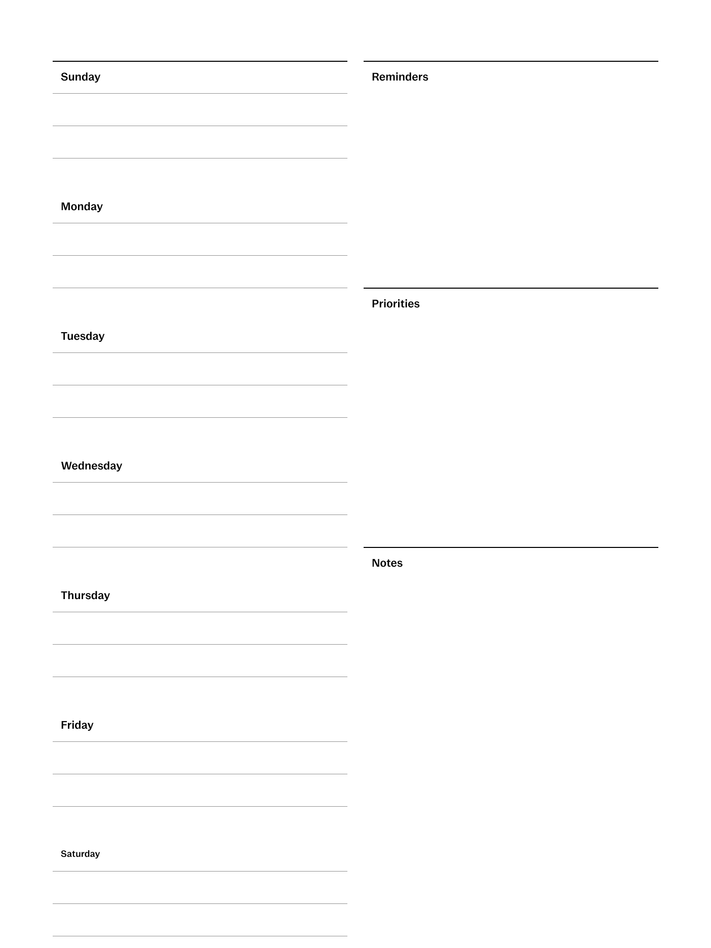 Weekly planner template (US) for reMarkable tablet