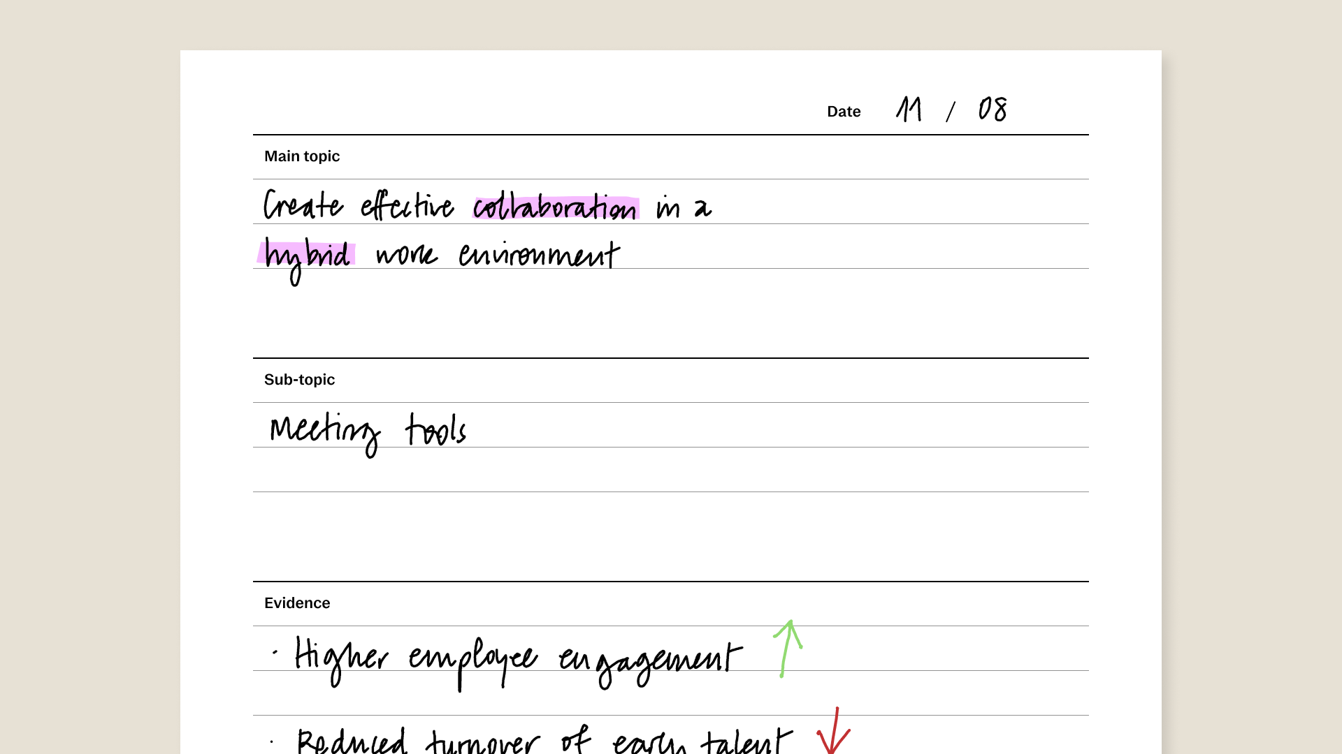 Outline method template for reMarkable tablet with filled in content
