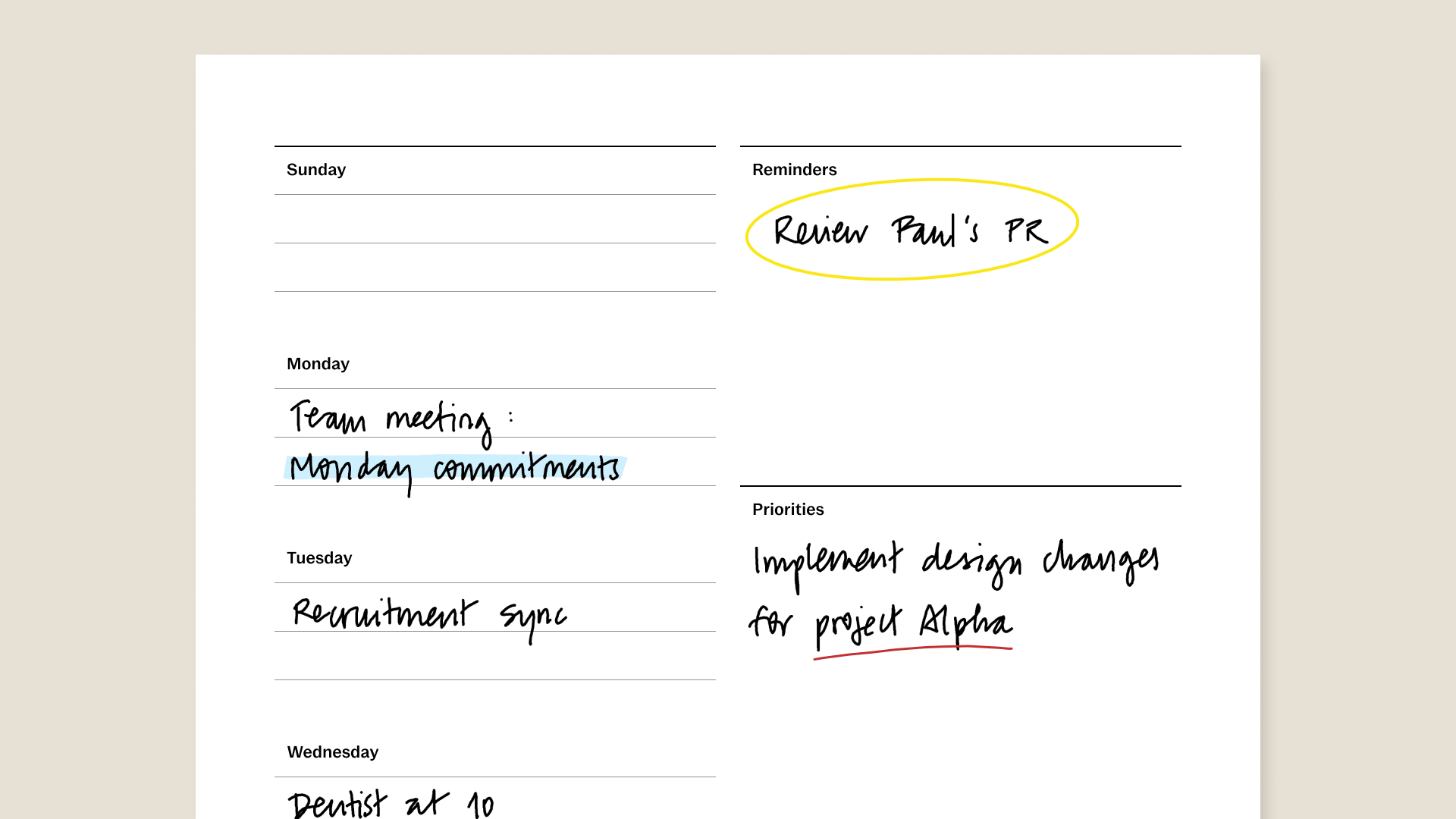 Weekly planner template (US) for reMarkable tablet with filled in content