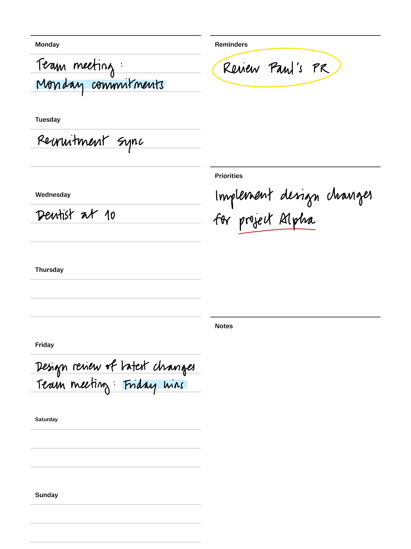 Weekly planner template for reMarkable tablet with filled in content