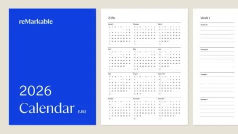 2026 Calendar (US) workbook for reMarkable Paper Tablets
