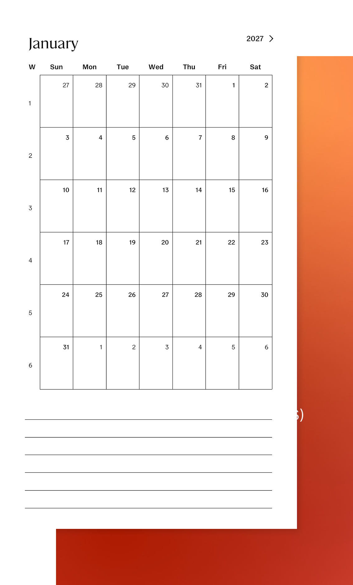 2027 Calendar (US) workbook for reMarkable Paper Pro Move