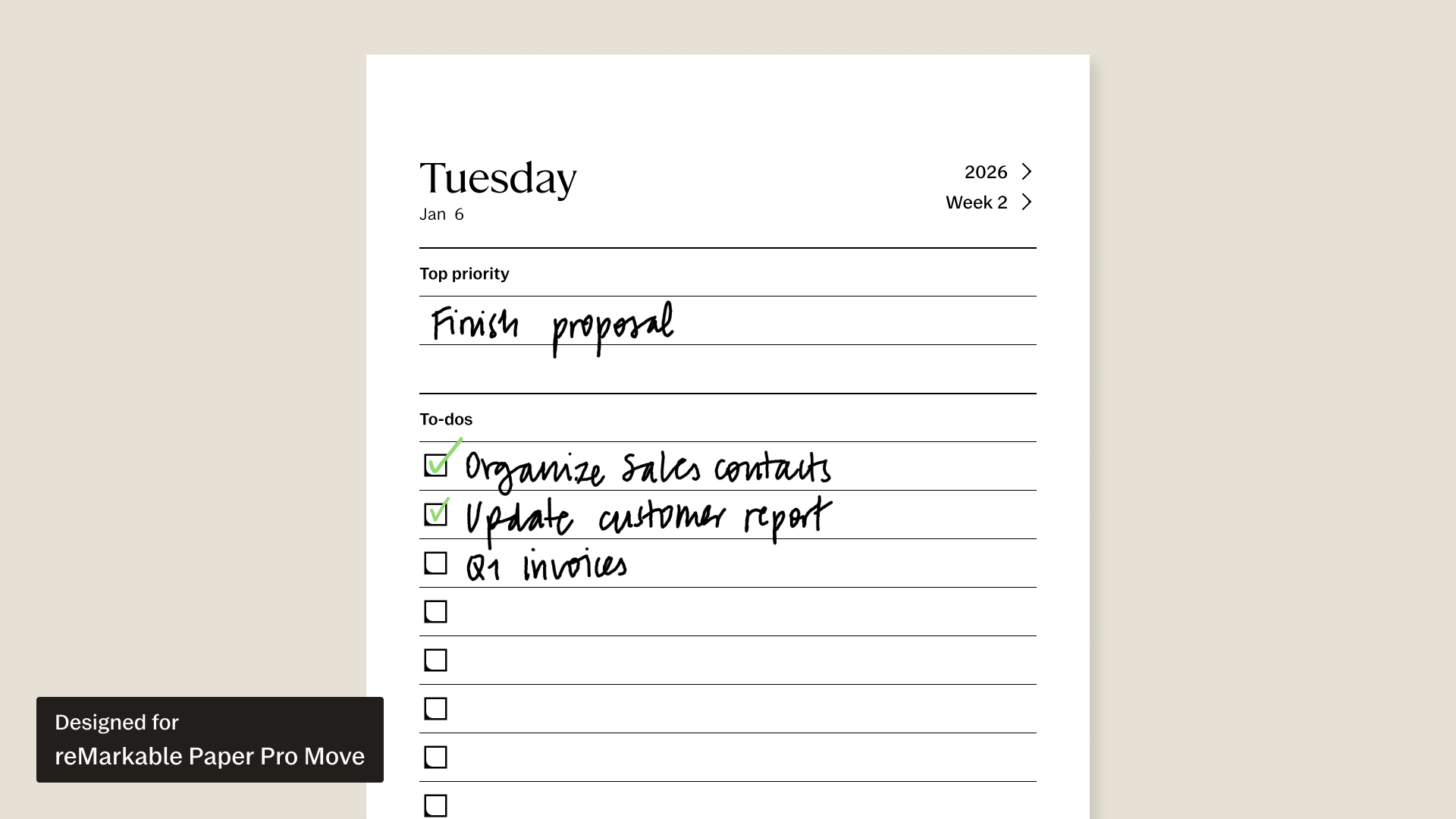 2026 To-do workbook for reMarkable Paper Pro Move