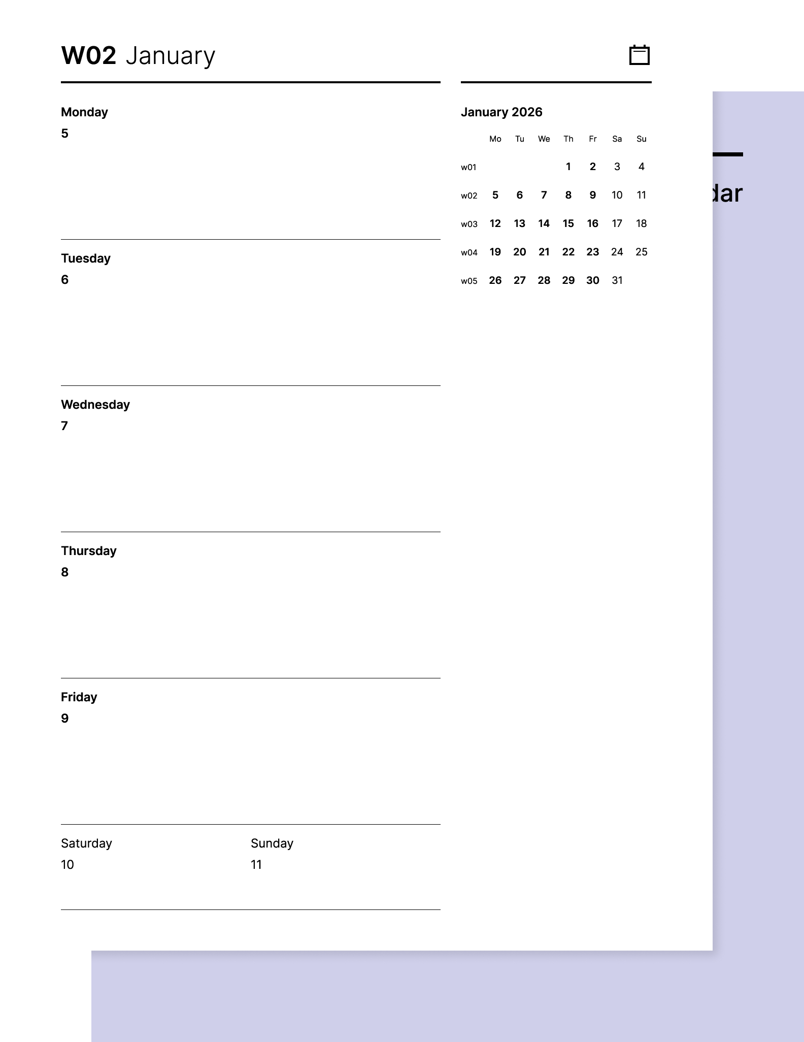 Weekly 2026 calendar from Giuseppe Farina for reMarkable tablet