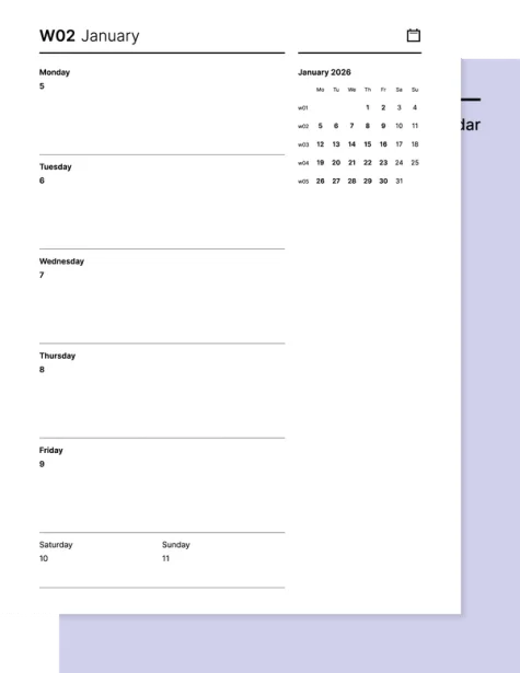 Weekly 2026 calendar from Giuseppe Farina for reMarkable tablet