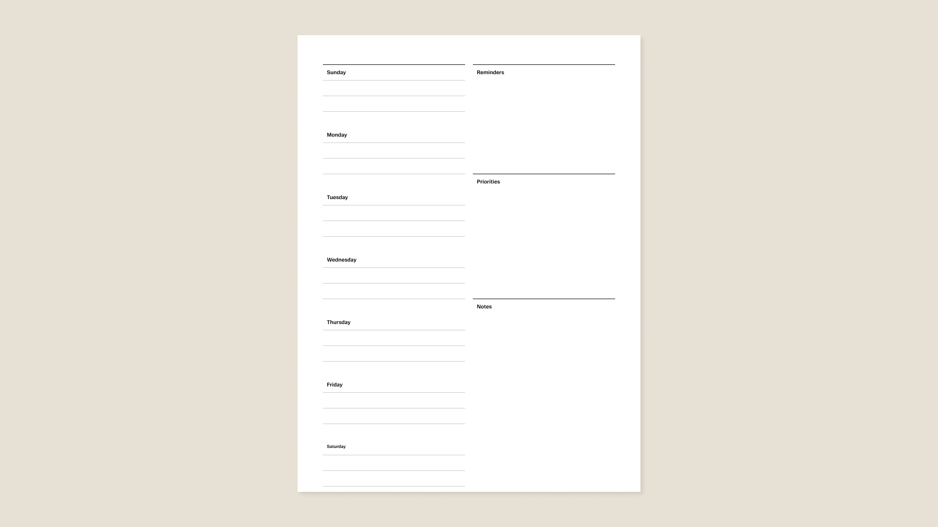 Weekly planner template (US) for reMarkable tablet 