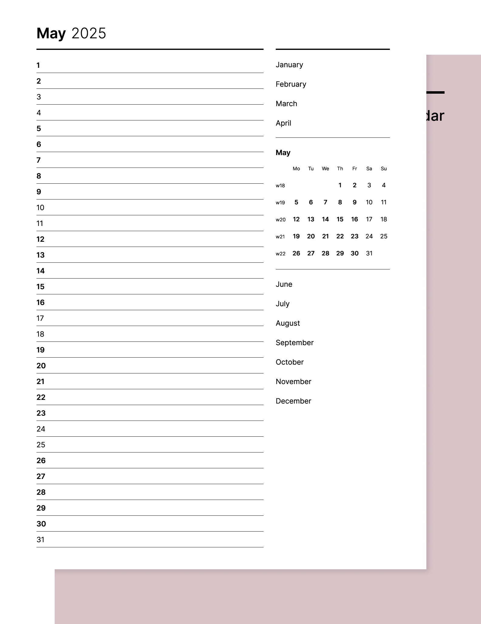 Monthly 2025 calendar from Giuseppe Farina for reMarkable tablet