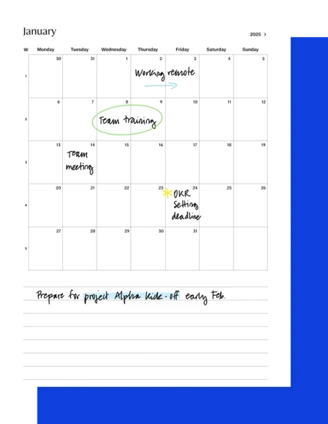 2025 calendar for reMarkable tablet with filled in content