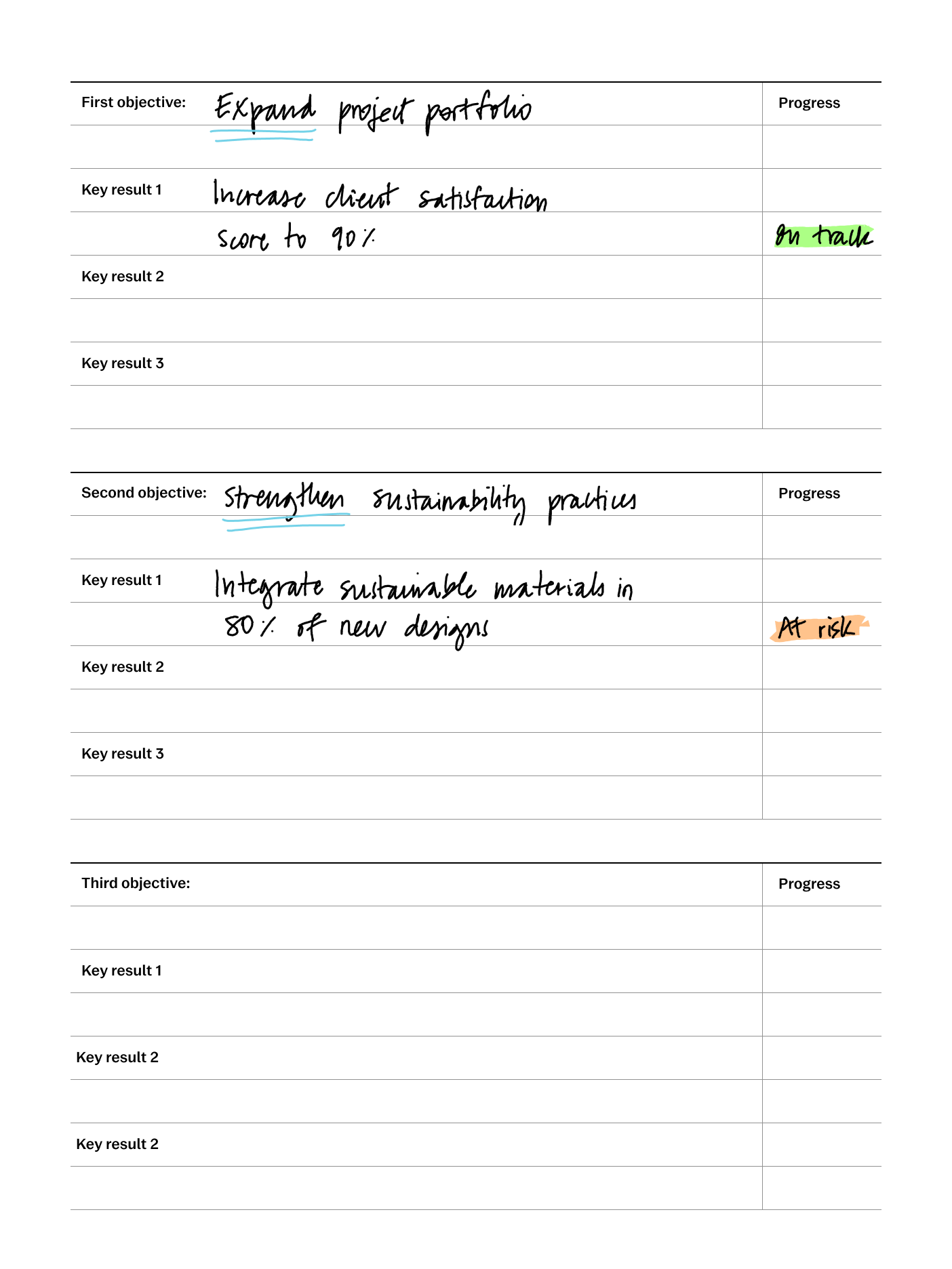 OKR layout template with filled in details