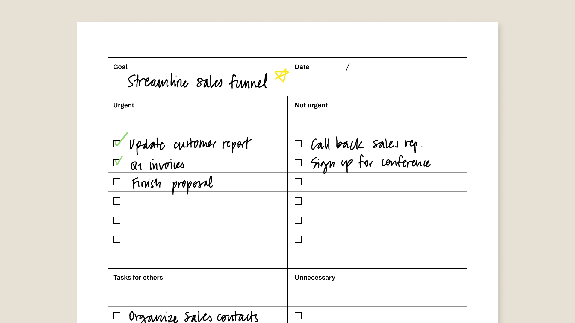 Task priority template with filled in content