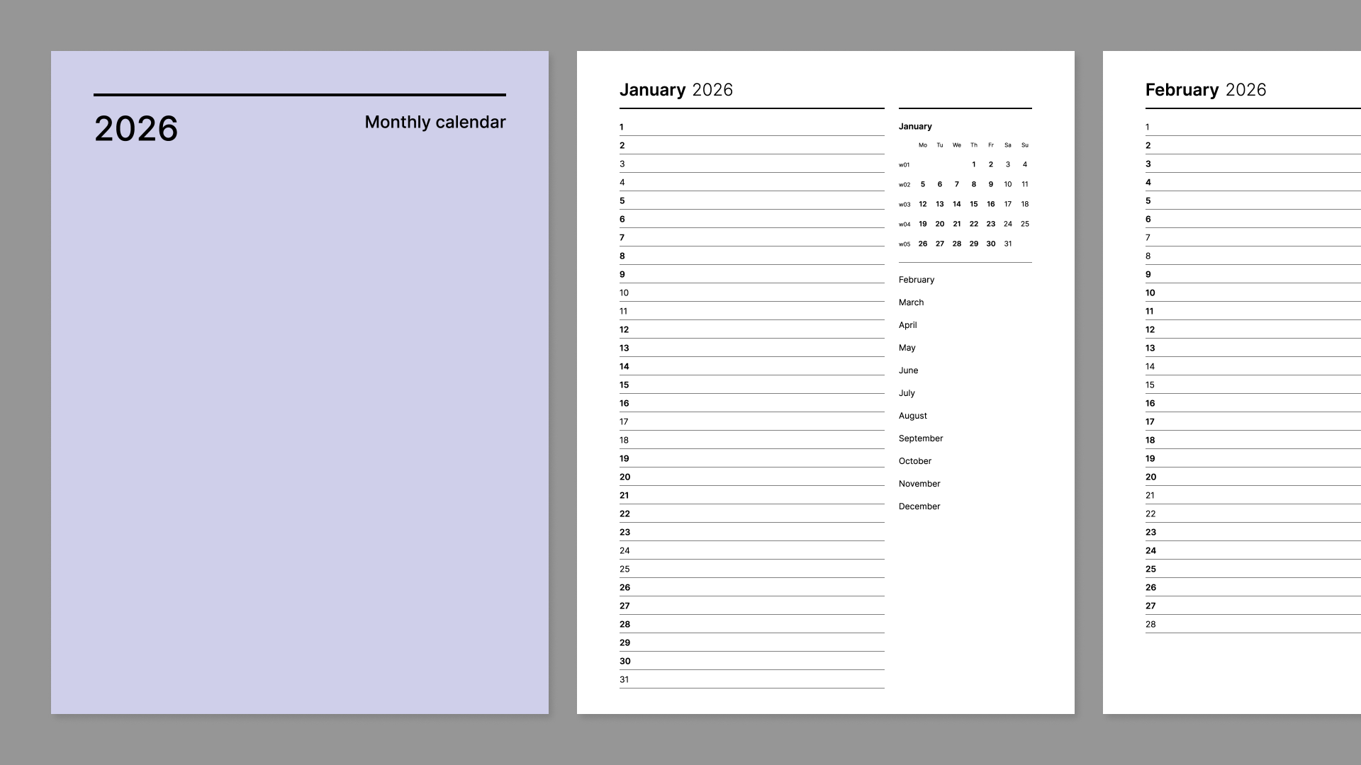 Monthly 2026 calendar from Giuseppe Farina for reMarkable tablet