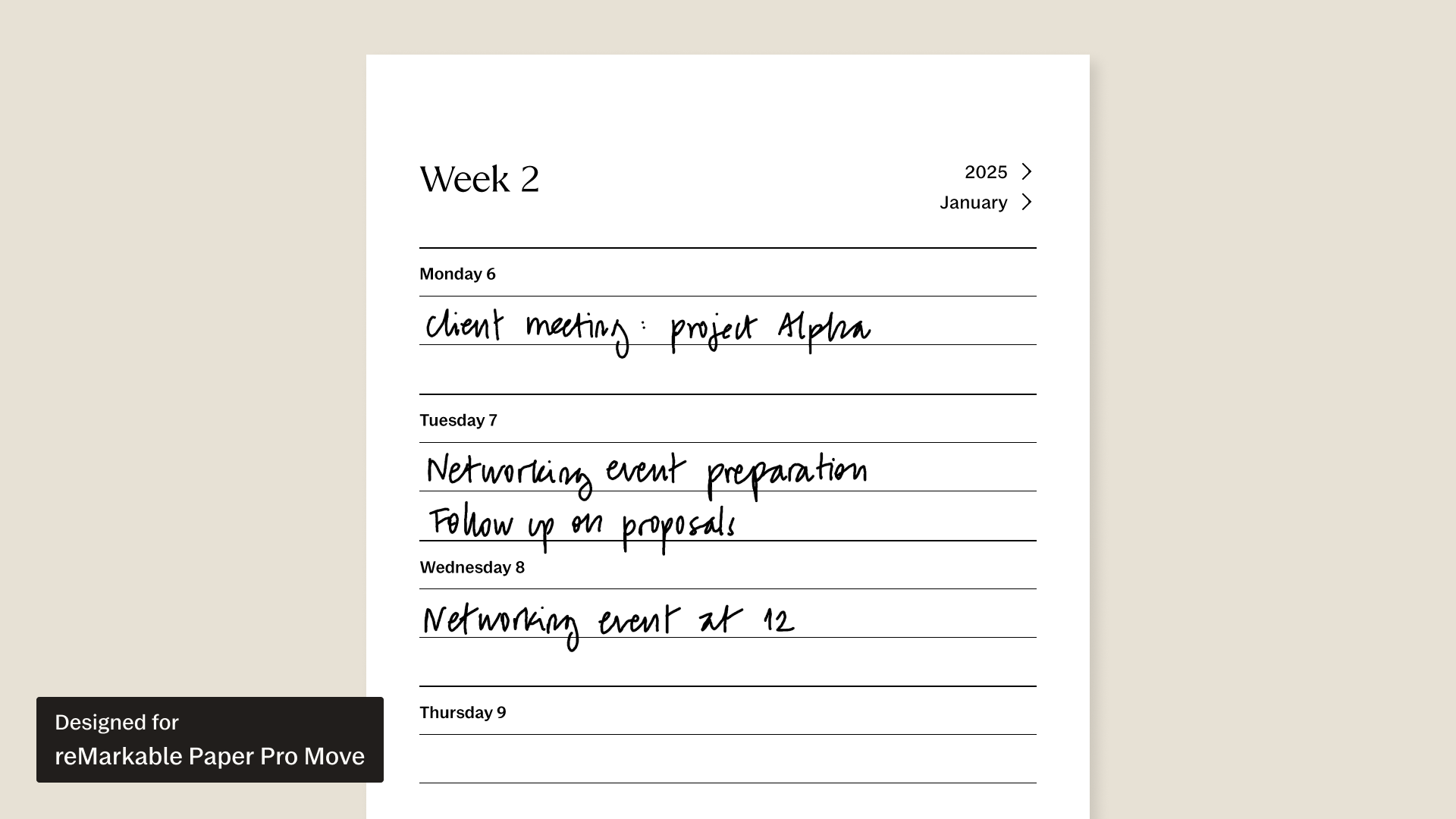 2025 Calendar for reMarkable Paper Pro Move