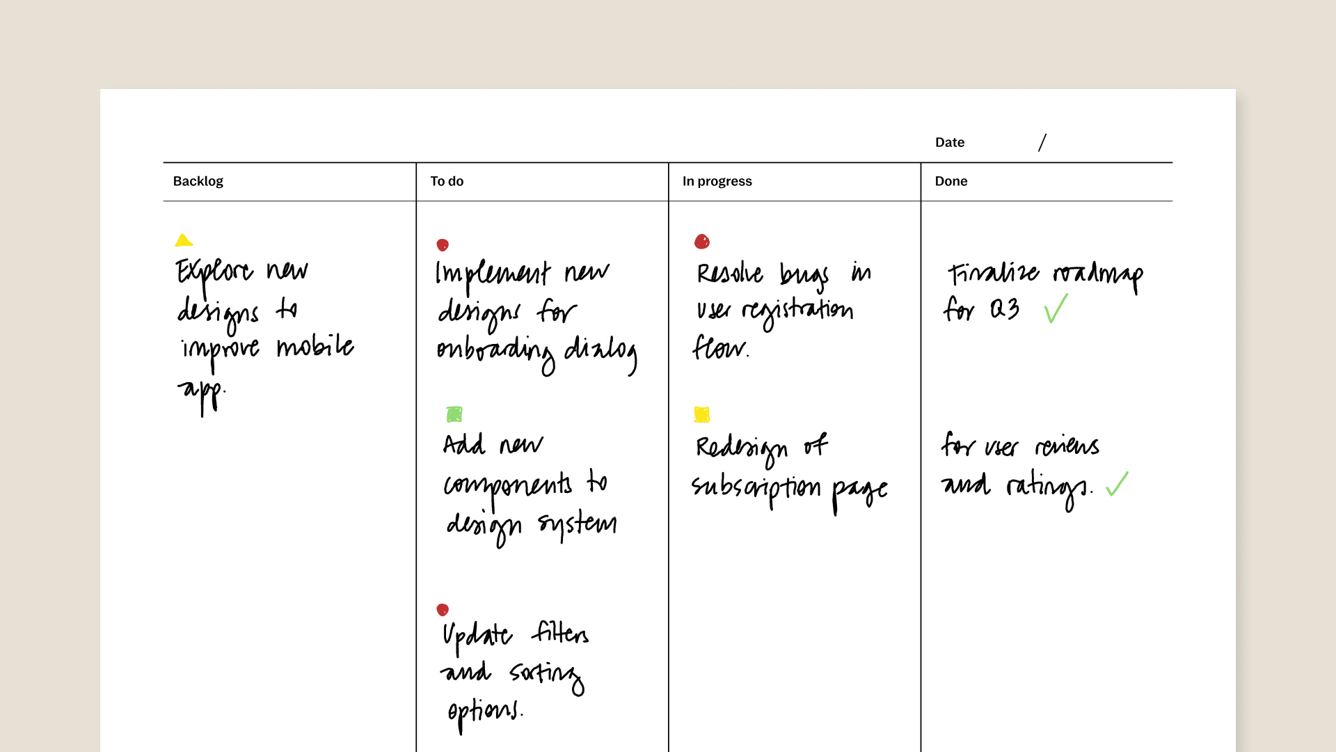 Kanban board template for reMarkable tablet with filled in content