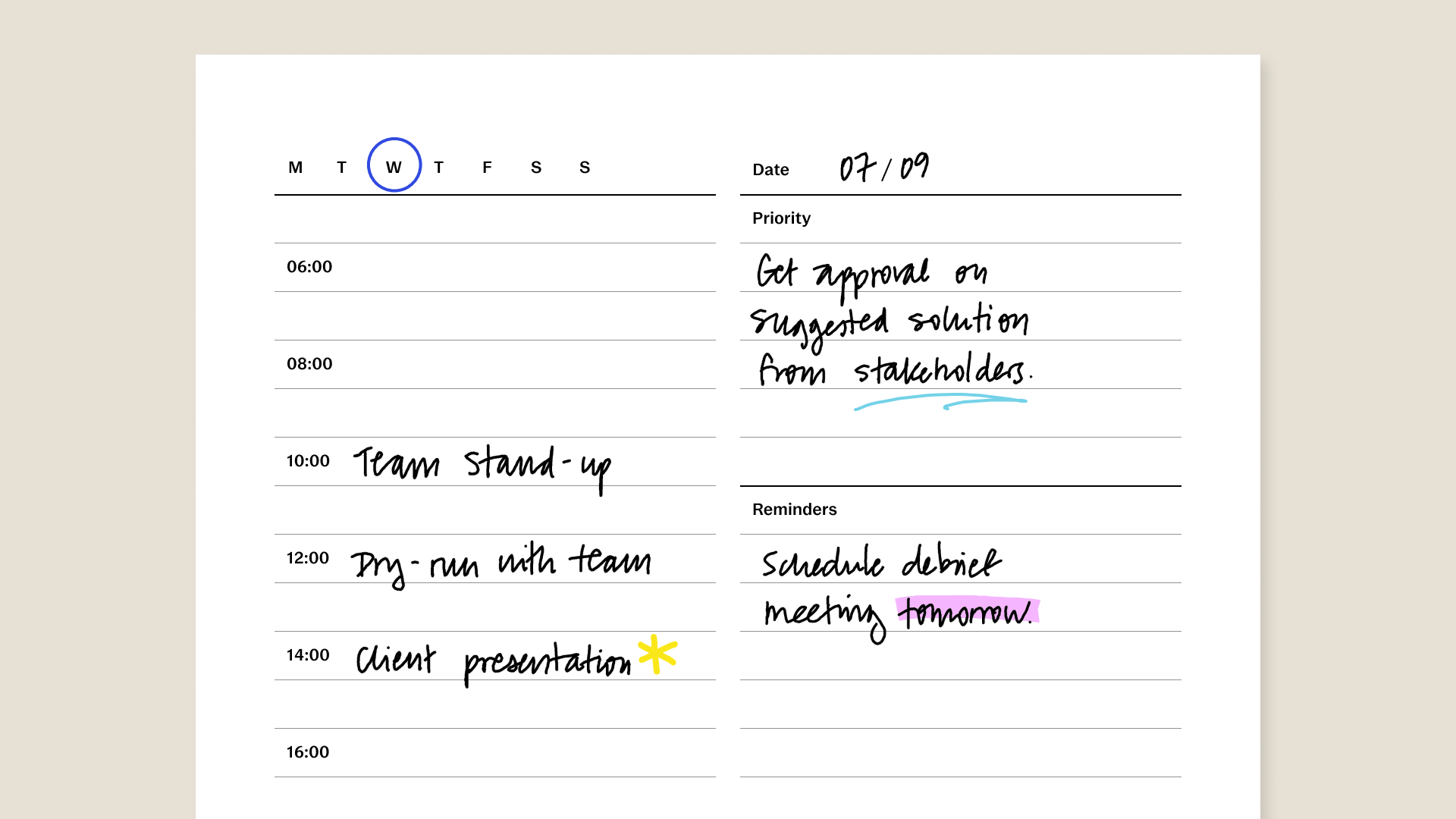 Daily planner template for reMarkable tablet with filled in content