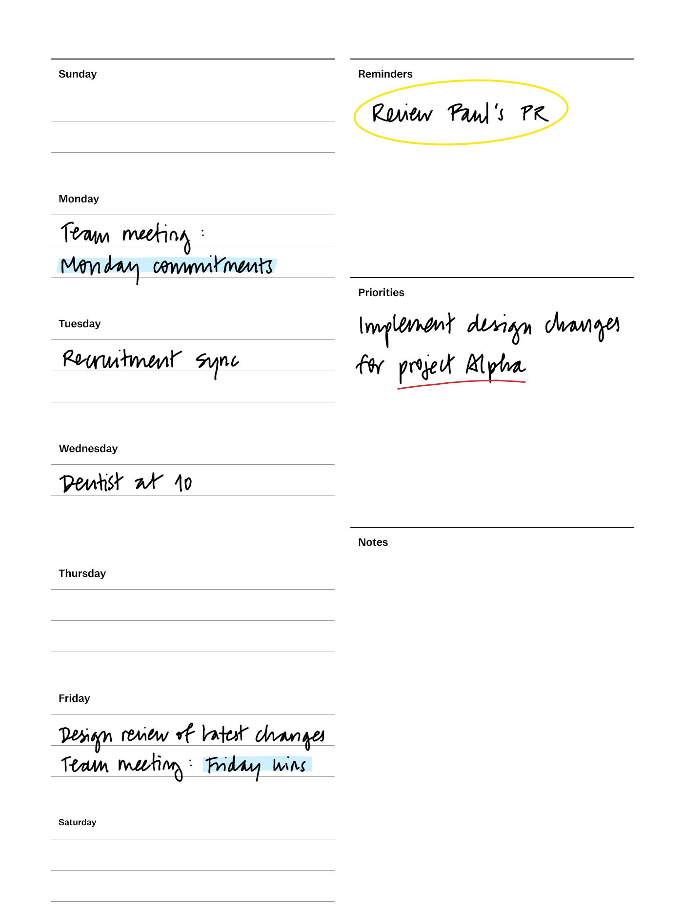 Weekly planner template (US) for reMarkable tablet with filled in content