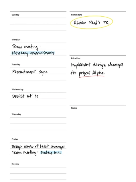 Weekly planner template (US) for reMarkable tablet with filled in content
