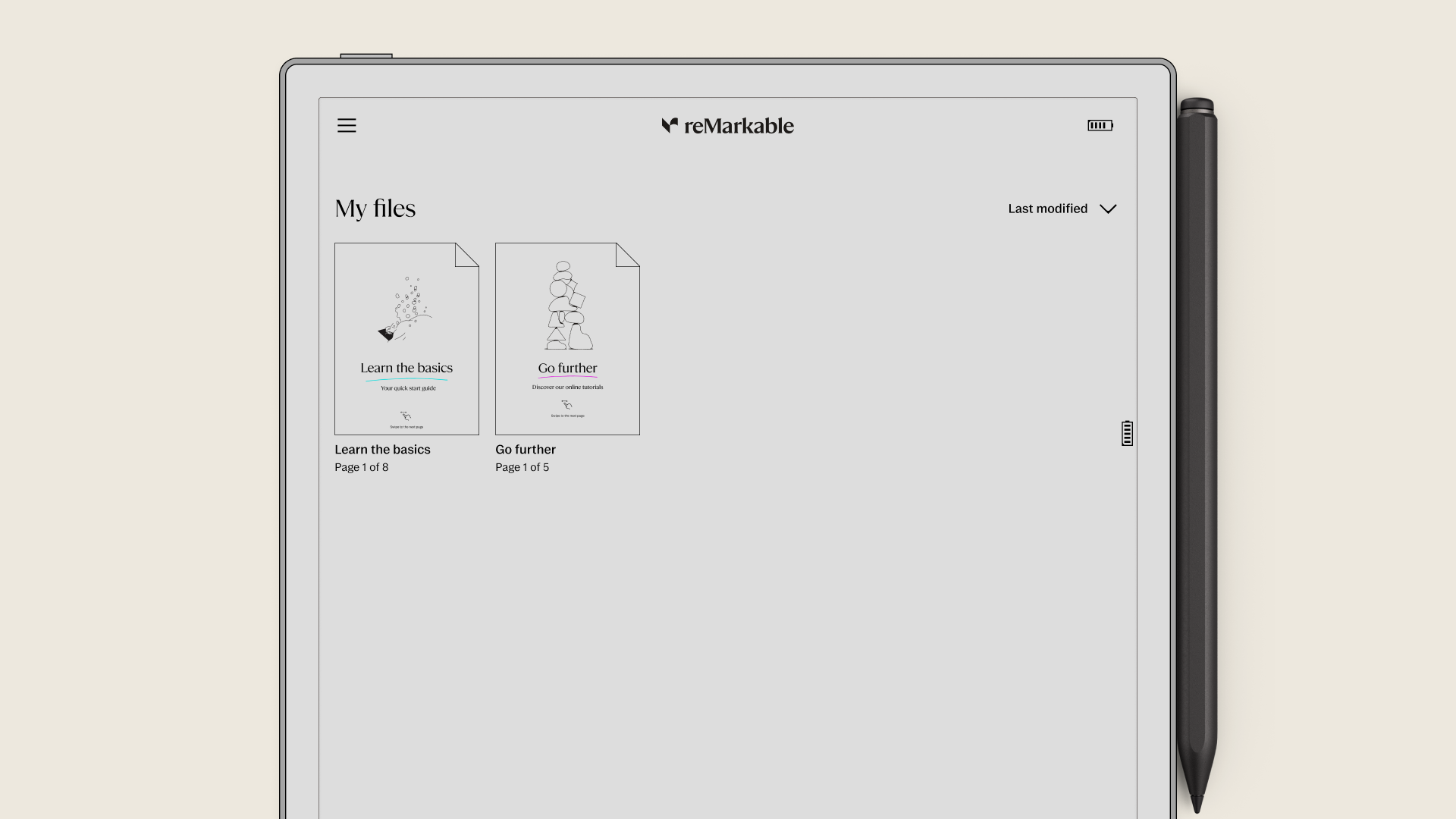A reMarkable paper tablet displaying the "My files" screen.
