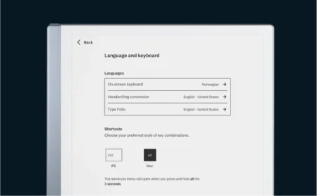 reMarkable paper tablet's language and keyboard settings: onscreen keyboard, handwriting conversion, and type folio.