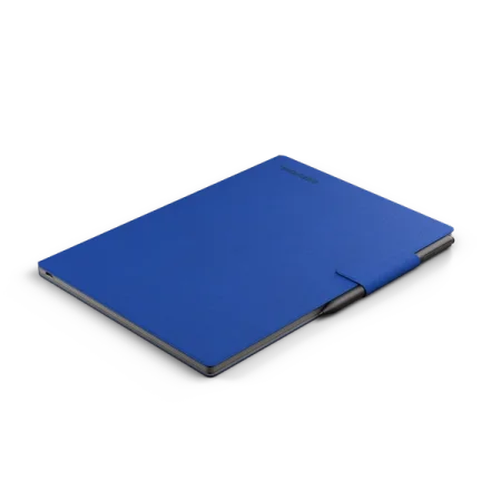 reMarkable paper tablet in a blue Book Folio in Mosaic weave with a Marker Plus attached.